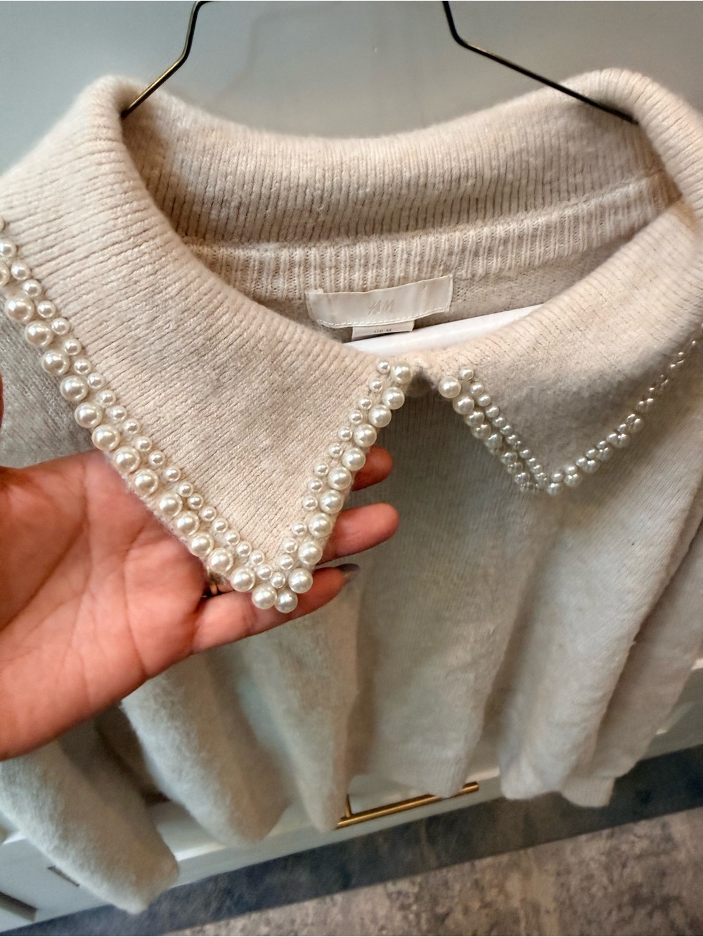 H&M Cream Sweater with Pearl-Embellished Collar
